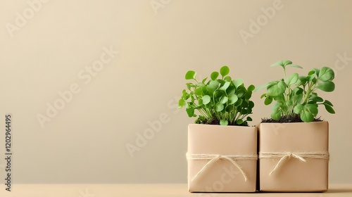 Two potted herbs on beige background,  growing indoors, simple setting,  perfect for blog or website photo