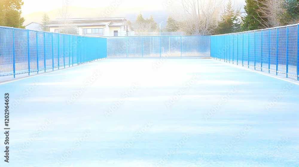 Fototapeta premium Empty Sports Court Surrounded by Blue Fences Creates a Serene Winter Scene with Bare Trees