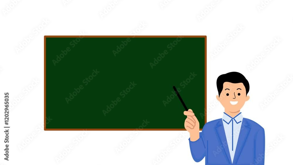 Male teacher explaining in front of the blackboard. The teacher stands in front of the blackboard. Male teacher explaining in front of the blackboard. The teacher stands in front of the blackboard.