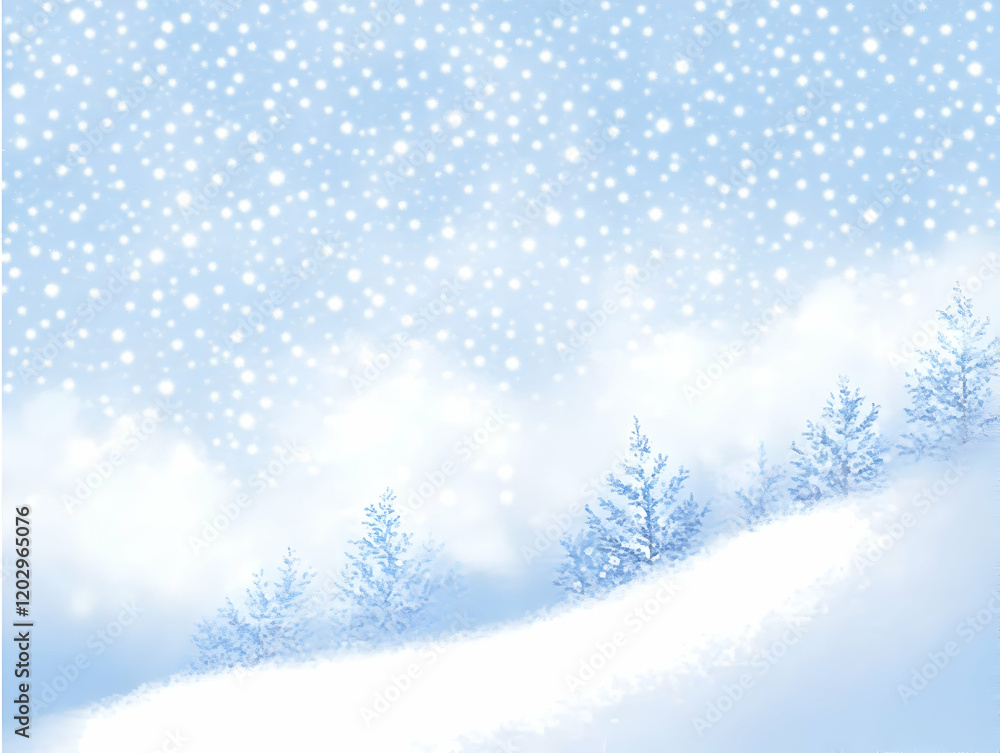 Snowy Winter Landscape Depicts Pine Trees on a Snowy Hillside Under a Gently Falling Snow. Snowy Winter Landscape Depicts Pine Trees on a Snowy Hillside Under a Gently Falling Snow.