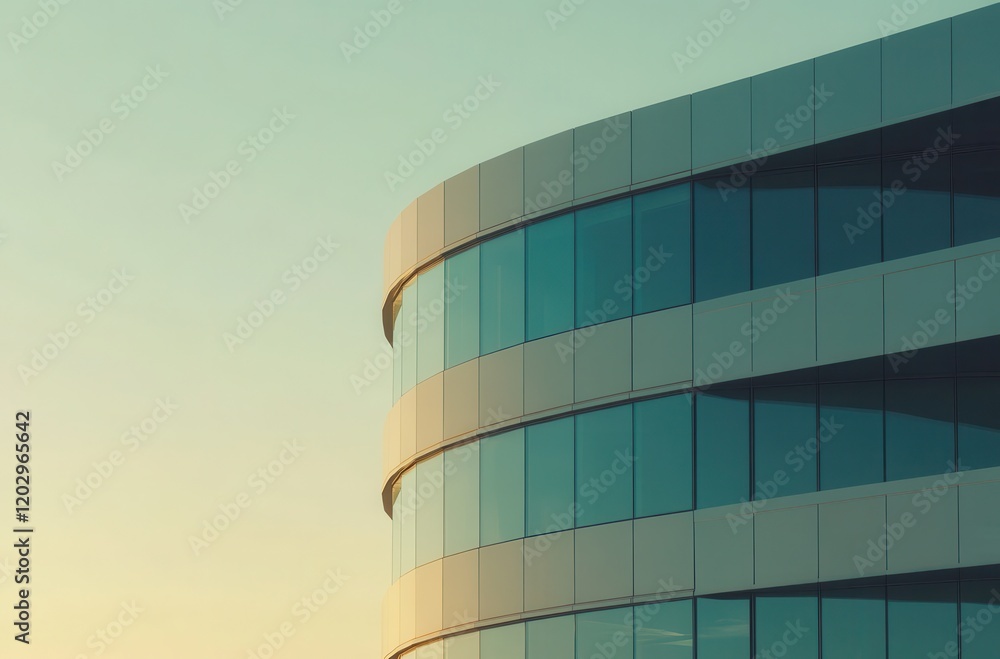 Obraz premium Modern architectural design featuring a curved glass facade reflecting the warm hues of sunset against a clear blue sky, showcasing elegance and sophistication in urban construction.