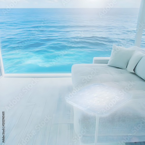 Serene white sofa sits by o...