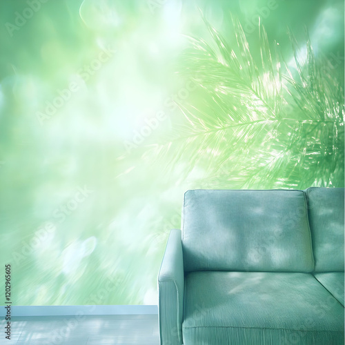 Green sofa sits in a room w...