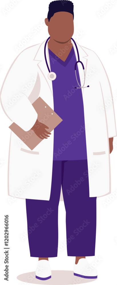 One Plus Size Black Male Doctor With Stethoscope And Lab Coat Standing And Holding A Clipboard. One Plus Size Black Male Doctor With Stethoscope And Lab Coat Standing And Holding A Clipboard.