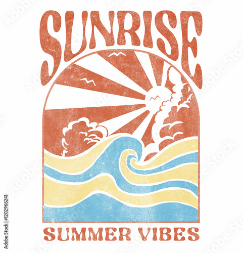 Canvas Print Summer vibes, west coast Beach stylish t-shirt and apparel trendy design with sunrise and big waves silhouettes, typography, print, vector illustration