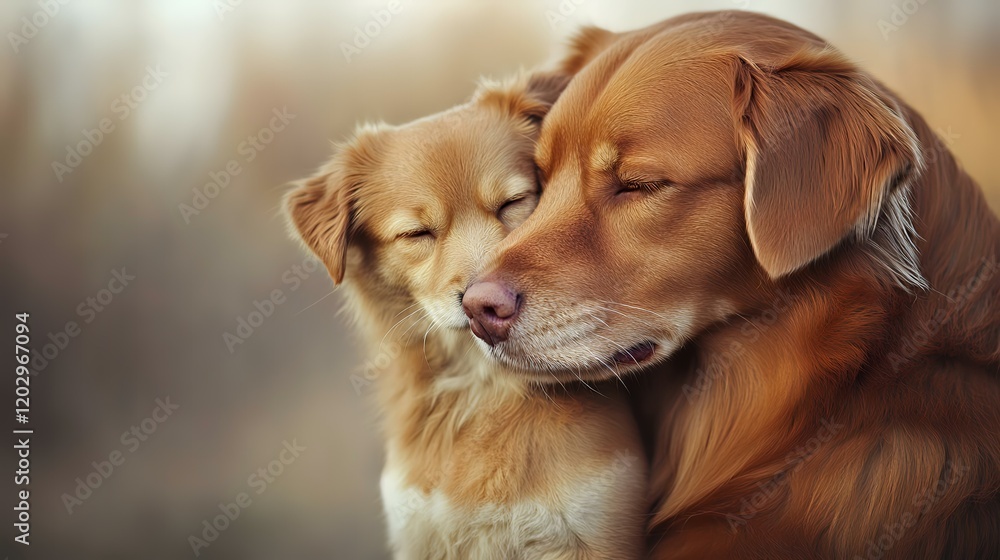 Affectionate dogs cuddling outdoors in autumnal woods; perfect for pet adoption campaigns Affectionate dogs cuddling outdoors in autumnal woods; perfect for pet adoption campaigns