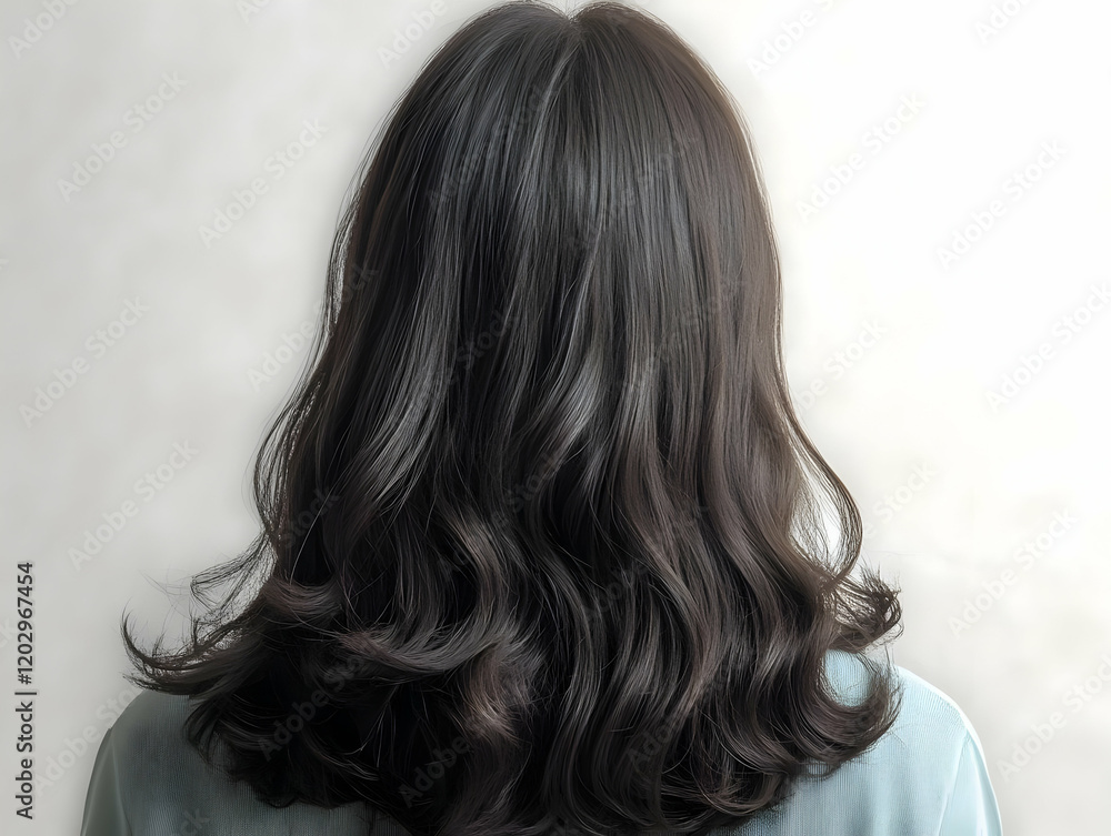 Obraz premium Woman with Long, Wavy, Dark Hair Shows Off Her Healthy, Shiny Tresses in Back View