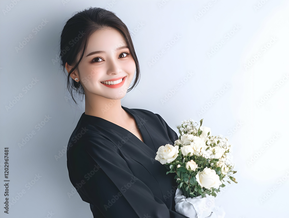 Smiling Woman Holds a Bouquet of White Roses Elegantly and Happily in a Black Dress Smiling Woman Holds a Bouquet of White Roses Elegantly and Happily in a Black Dress