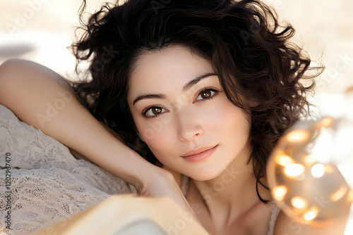 Woman with Curly Hair Gazes...