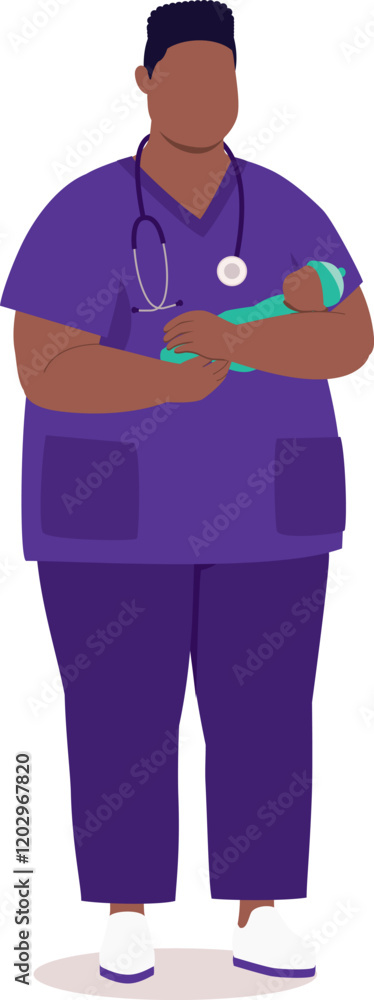 Plus Size Black Male Paediatrician Nurse With Stethoscope And Medical Scrubs Standing And Holding A Newborn Baby.