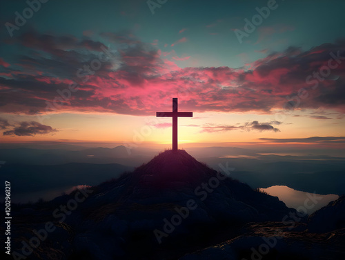 Wooden Cross Stands on Moun...