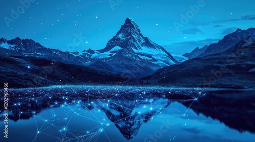 Majestic Mountain Peak Reflected In A Networked Lake At Night photo