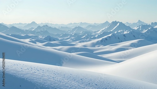 Snow-covered Dunes in a Vast Desert Landscape with Icy Mountains in the Distance Under a Clear Sky