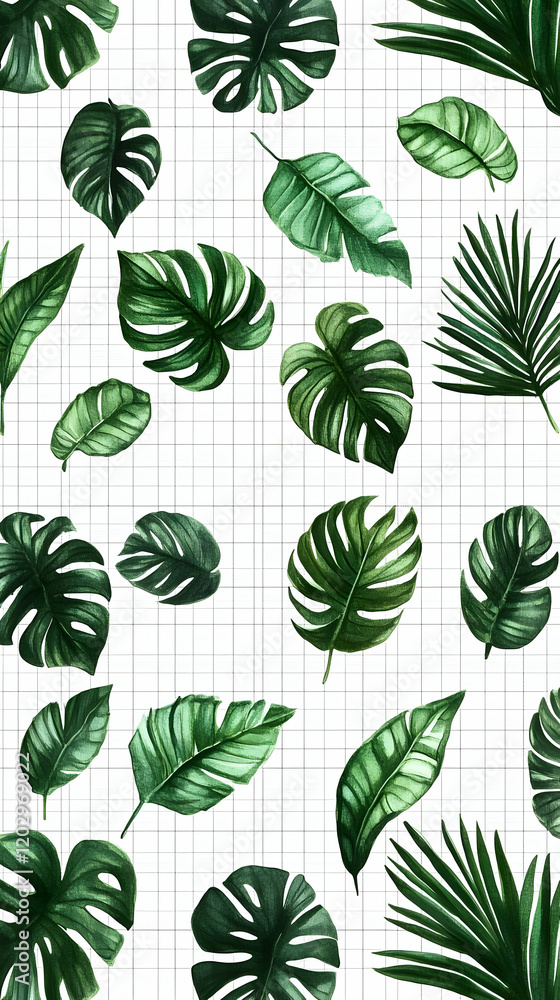 Tropical Leaf Illustration Grid Background Tropical Leaf Illustration Grid Background