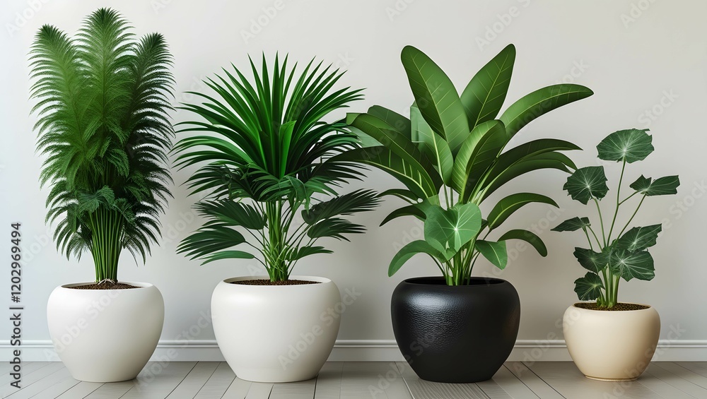 A photo of a lineup of four potted plants. From left to right, there is a tall, feathery green plant in a white pot; a bushy, vibrant A photo of a lineup of four potted plants. From left to right, there is a tall, feathery green plant in a white pot; a bushy, vibrant