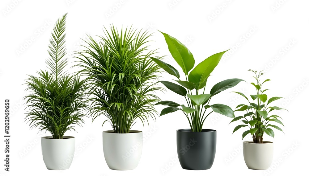 A photo of a lineup of four potted plants. From left to right, there is a tall, feathery green plant in a white pot; a bushy, vibrant A photo of a lineup of four potted plants. From left to right, there is a tall, feathery green plant in a white pot; a bushy, vibrant