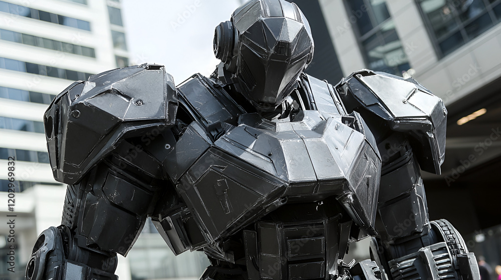Naklejka premium City robot suit, urban event, background buildings, futuristic display