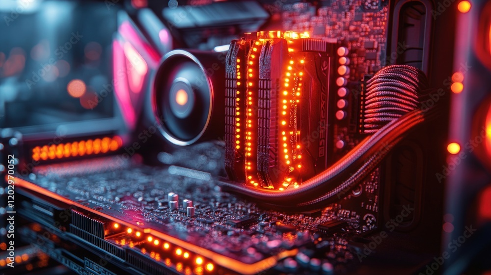 Illuminated computer components, vibrant RGB lighting. Illuminated computer components, vibrant RGB lighting.