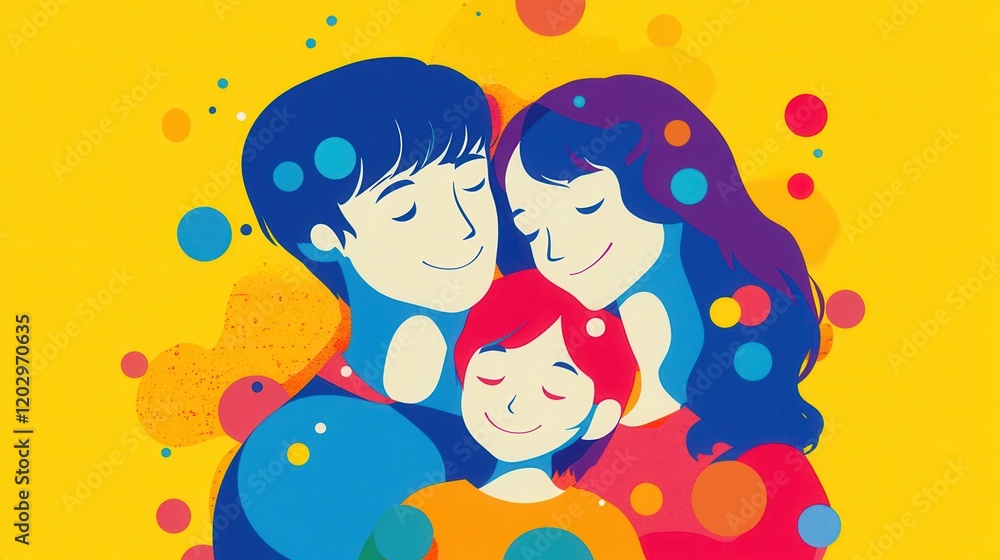 Colorful illustration of a happy family embracing, set against a vibrant yellow background with abstract shapes Colorful illustration of a happy family embracing, set against a vibrant yellow background with abstract shapes