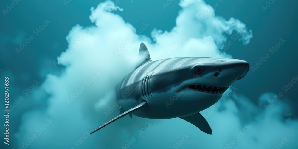 Fototapeta premium Close-up of a shark swimming in a cloud of toxic fog rising from the water, deadly aquatic life, foggy waters
