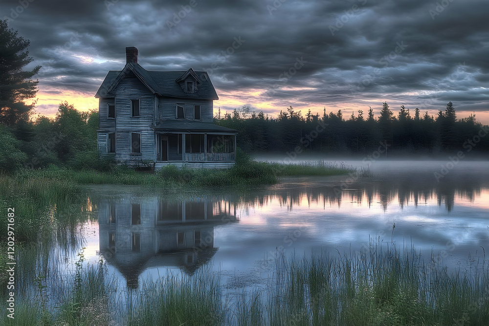 Obraz premium Abandoned House Reflects in Still Lake Water Under Dramatic Cloudy Sky at Dusk