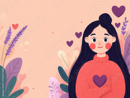 cheerful illustration of woman with long black hair, wearing red sweater, surrounded by hearts and lavender themed floral photo