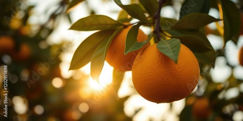 Close-up of an orange on a tree branch, with the sun casting a warm glow on the scene, nature, warm light, colorful