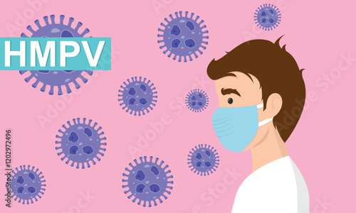 Man wearing medical mask to protect HMPV, human metapneumovirus, COVID-19 or prevent disease, flu, air pollution, contaminated air, world pollution concept.