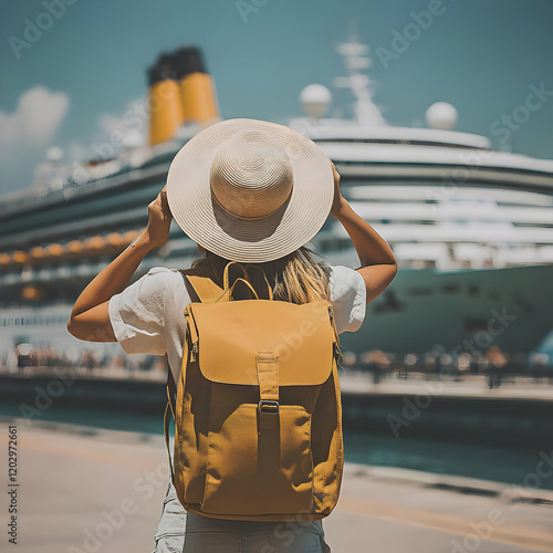 Woman with Backpack and Hat...