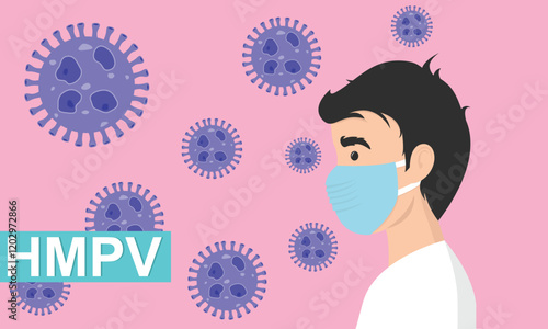 Man wearing medical mask to protect HMPV, human metapneumovirus, COVID-19 or prevent disease, flu, air pollution, contaminated air, world pollution concept.
