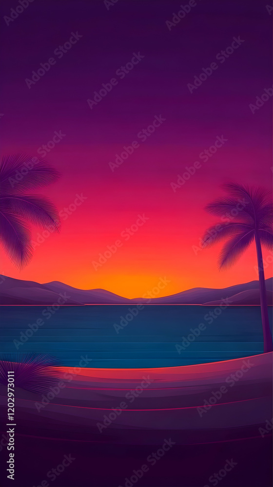 Naklejka premium Tropical Beach Sunset Illustration Showcases Palm Trees and Vibrant Colors Beautifully.