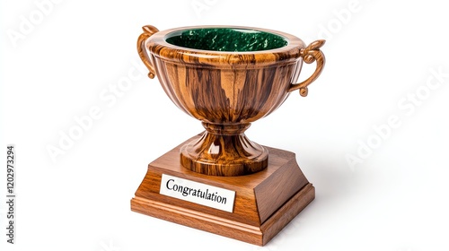 Elegant trophy with wooden design and green interior, isolated on white background.