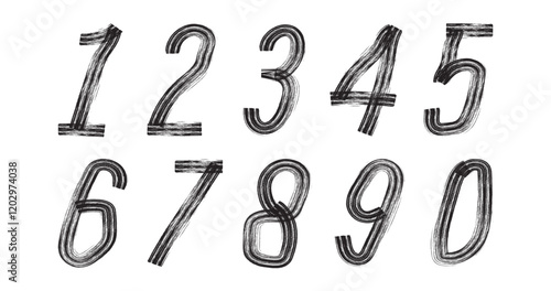 Grunge brush drawn numbers from 0 to 9 percent, hash sign. Set of dirty painted numbers. Collection of hand drawn typography elements.