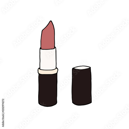 Lipstick isolated on white background. Black and white outline doodle illustration of makeup item, colored inside.