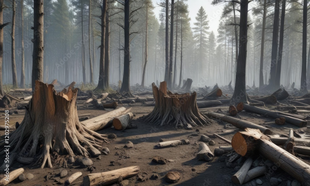 Burnt tree stumps and log fragments strewn about a forest clearing with ash-covered trees, dead plant matter, forest debris, forest litter Burnt tree stumps and log fragments strewn about a forest clearing with ash-covered trees, dead plant matter, forest debris, forest litter