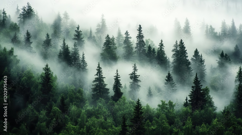 Fototapeta premium Winter scene showing a dense forest of tall pine trees shrouded in mist, creating an ethereal, cold, and mystical atmosphere