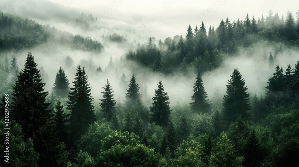 Winter scene showing a dense forest of tall pine trees shrouded in mist, creating an ethereal, cold, and mystical atmosphere Winter scene showing a dense forest of tall pine trees shrouded in mist, creating an ethereal, cold, and mystical atmosphere