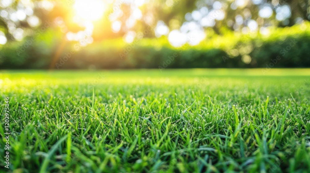 Lush green grass illuminated by sunlight in a serene garden setting with blurred background Lush green grass illuminated by sunlight in a serene garden setting with blurred background