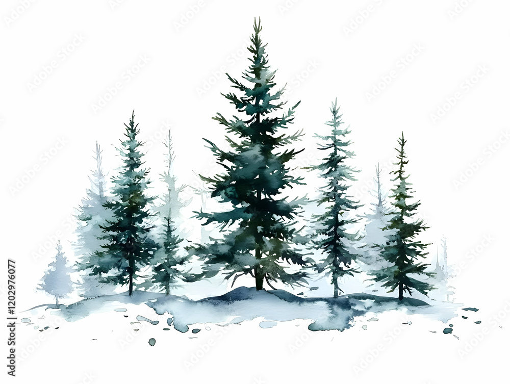 Fototapeta premium Watercolor Pine Trees Stand Tall on a Snowy Hillside, Creating a Serene Winter Landscape