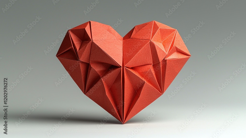 Red origami heart on gray background