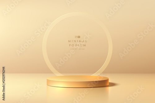 3D golden round podium background with circle frame backdrop. Abstract geometric composition in minimalist design. Studio display showroom product pedestal, Fashion stage showcase mockup wall scene.