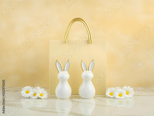 Two White Ceramic Rabbits w...