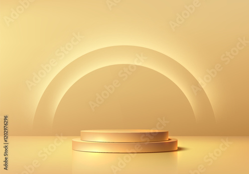 3D golden round podium background with glow neon semi-circle frame. Abstract geometric composition in minimalist design. Studio display showroom product pedestal, Fashion stage showcase mockup scene.