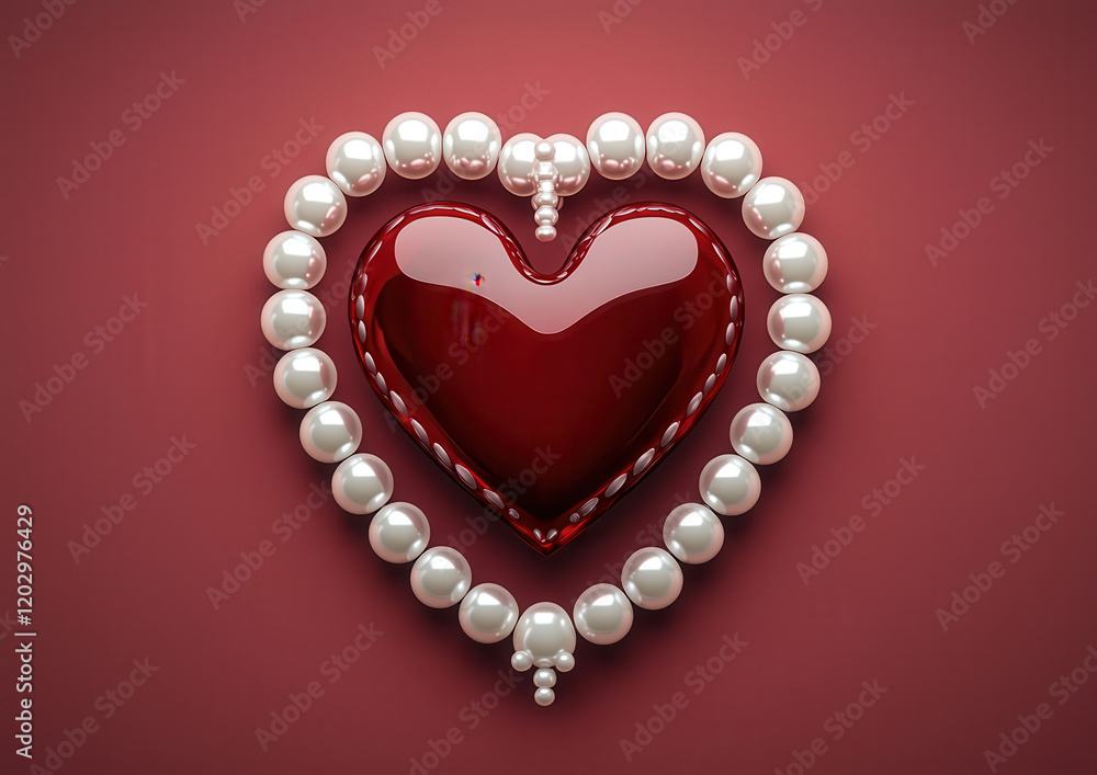 Obraz premium glossy red heart surrounded by string of white pearls on deep red background