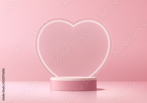 Valentine 3D pink podium background with heart shape backdrop. Abstract geometric composition in minimalist design. Studio display showroom stands product pedestal, Fashion stage showcase mockup scene