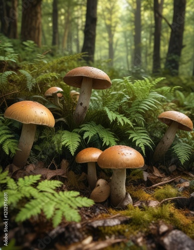 Boletus edulis mushrooms growing in a bed of leaves and ferns on the forest floor, wild mushrooms, mycological subjects