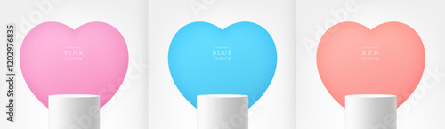 Set of white 3D round podium with red, blue, pink in hearts backdrop. Abstract geometric composition minimalist design. Studio display showroom stands product pedestal, Fashion stage showcase mockup.