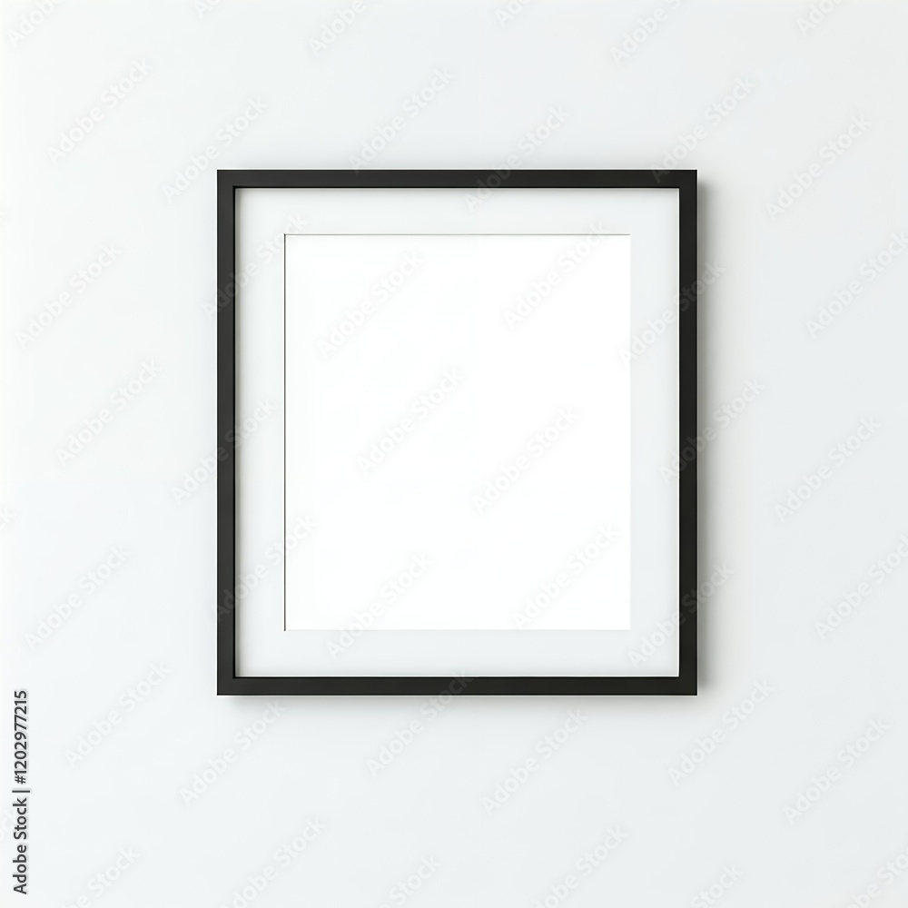 A blank white canvas in a black frame on a white wall. A blank white canvas in a black frame on a white wall.