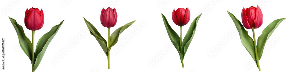 Vibrant red tulips with green leaves blooming against a clean white background Closeup shot of tulip flowers with lush petals and foliage capturing the essence of spring and natural beauty Vibrant red tulips with green leaves blooming against a clean white background Closeup shot of tulip flowers with lush petals and foliage capturing the essence of spring and natural beauty