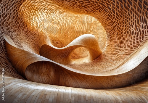 Intricate Wooden Structure with Organic Flow and Textured Design, Showcasing the Natural Beauty of Wood in a Modern Architectural Space
